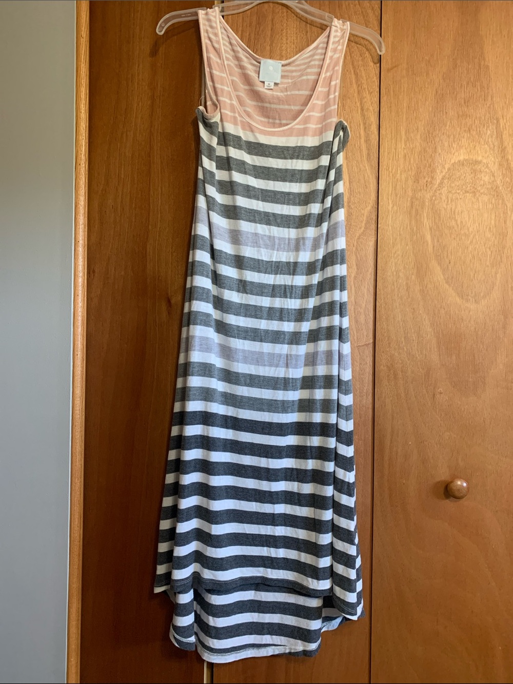 Sunday Sleeveless Striped High-Low Dress in Blush, White, and Gray